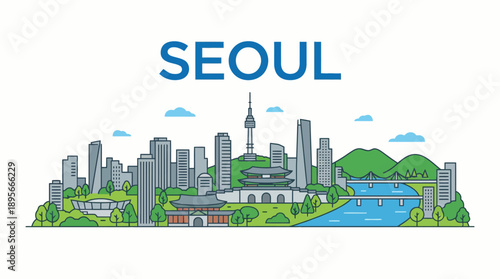 Seoul South Korea city skyline landmarks vector illustration
