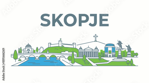Skopje city skyline landmarks with Stone Bridge vector illustration