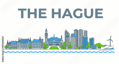 The Hague Netherlands city skyline landmarks vector illustration