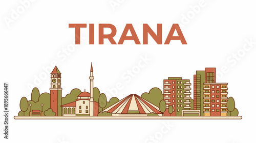 Tirana city skyline with famous landmarks vector illustration