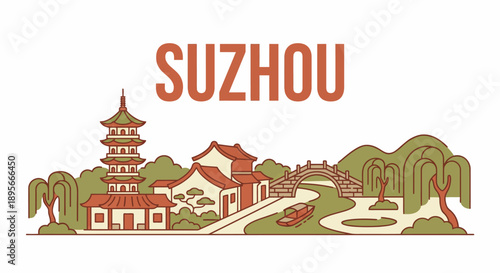 Traditional Suzhou city landmarks and water town landscape vector illustration