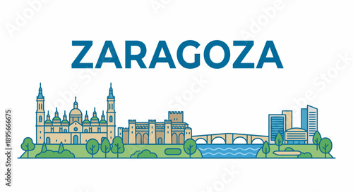 Zaragoza city skyline with famous landmarks vector illustration