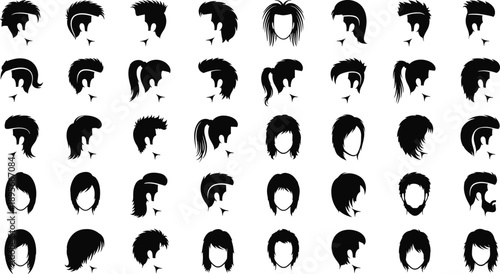 “48 Black Hair Silhouette Icons – Diverse Hairstyles Including Curly, Straight, Ponytails, Short and Long Cuts on Gray Background”