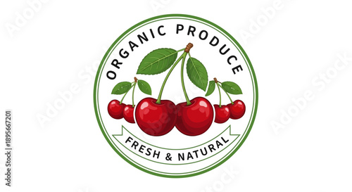 Organic Produce Logo Featuring Fresh Natural Cherries and Green Leaves Design