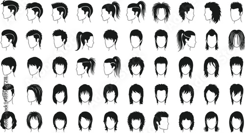 “49 Black Hair Silhouette Icons – Diverse Hairstyles Including Ponytails, Dreadlocks, Spiky, Short and Long Cuts on Gray Background”