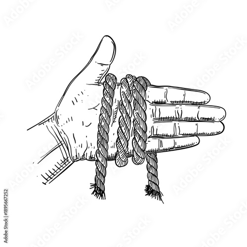 Rope wrapped around hand vector line art hand drawn illustration