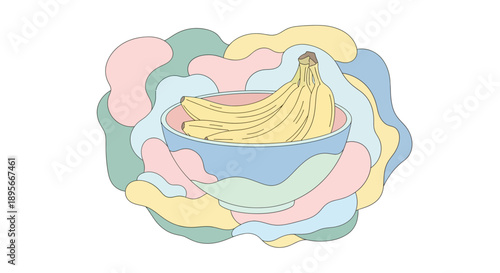 Abstract artistic illustration of a banana in a colorful layered design with pastel shades and