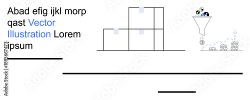 Data processing, business analytics, workflow automation, filtering information, data flow management, warehouse concepts. Funnel filtering icons into compartments. Data processing and automation