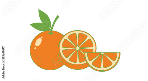 Minimalist Illustration of an Orange with Juicy Slices and Green Leaf for Freshness