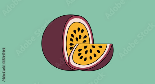 Illustration of a halved passion fruit with vibrant interior and deep purple rind