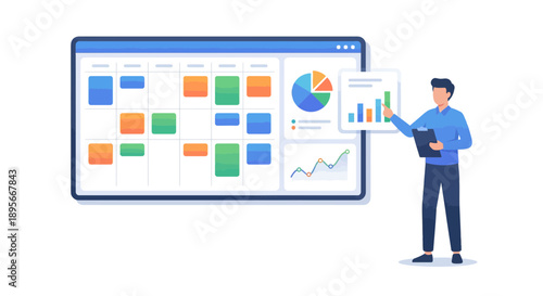 Analyzing marketing analytics on a large screen display with charts and graphs in a modern office setting from a frontal viewpoint