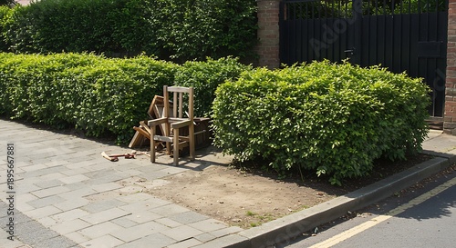 Wallpaper Mural Wooden chair and broken ladder on sidewalk near green bushes and brick wall Torontodigital.ca