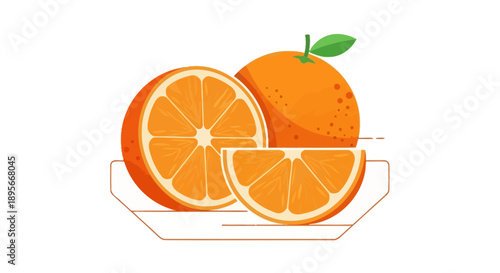 Bright and colorful illustration of fresh oranges with sliced and whole fruits on a white background