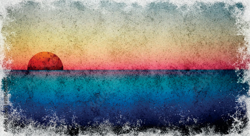A textured landscape depicts a vibrant sunset over a calm ocean horizon.