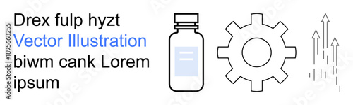 Innovation, technology, progress, healthcare, productivity, development. A medical bottle, gear and upward arrows. Innovation and technology concepts by the gear and growth arrows