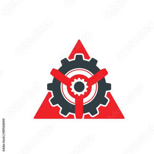 Industrial Gear Emblem With Red Triangle Background And Mechanical Wrench Design