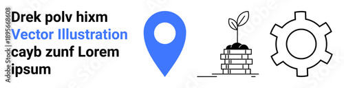 Blue geolocation pin, plant sprouting from stacked coins, and gear outline. Ideal for technology, sustainability, navigation, progress, innovation, environment and simple landing page