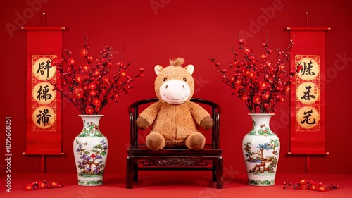 Chinese New Year Celebration with Plush Horse Toy and Traditional Decorations on Red Background.