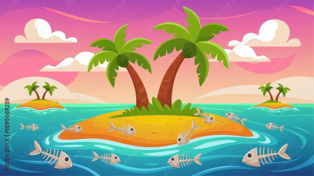 Obraz premium A serene cartoon island with palm trees and marine life