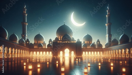 Eid ul Adha Night Scene with Crescent Moon and Mosque