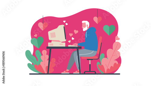 Online romance concept Senior man uses a retro computer with hearts floating around him