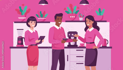 Diverse colleagues enjoying a coffee break in a pink modern office kitchenette fostering communication