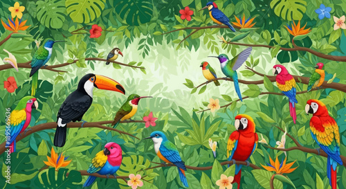 Lush tropical rainforest scene, an illustration brimming with diverse, colorful exotic birds including macaws, toucans, and hummingbirds, amidst vibrant flora.