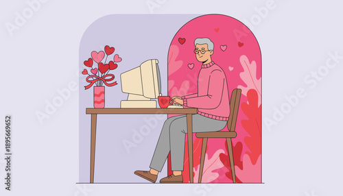 Smiling senior man using PC decorated with hearts for online romance or Valentines Day