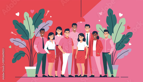 Smiling diverse team standing together in a pink office setting with plants and hearts symbolizing unity