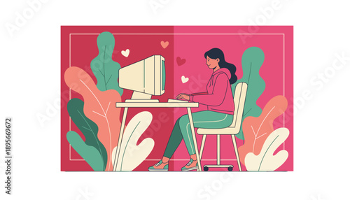 Young woman chatting online or working remotely on a retro computer surrounded by vibrant plants