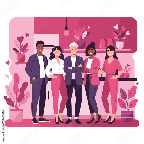 Diverse business team smiling confidently in a modern stylish pink office environment