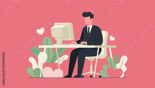 Professional man working on a desktop computer in a stylized office with plants and hearts