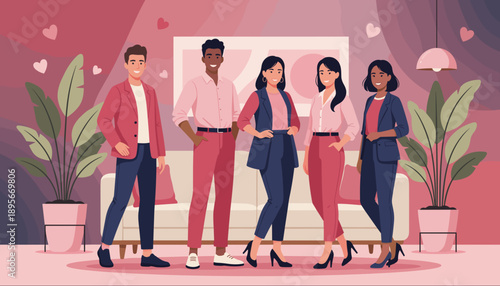 Diverse professional team standing happily in a stylish pink and red modern office space symbolizing partnership