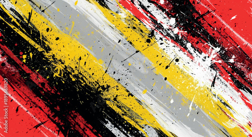 Abstract expressionist painting featuring bold diagonal brushstrokes in red, yellow, and black