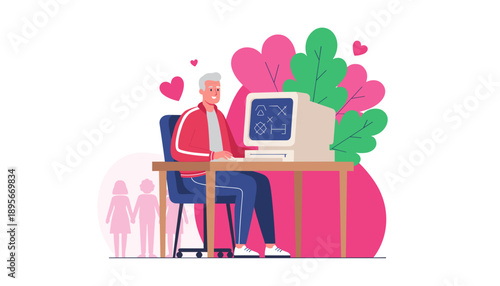 Happy elderly man uses a vintage computer for online connection or hobby surrounded by hearts