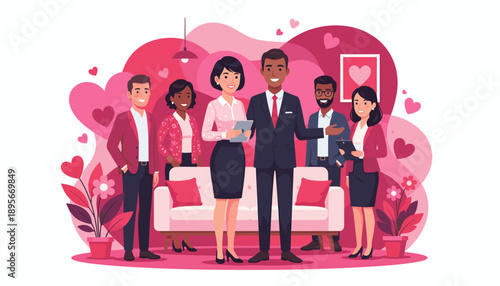 Diverse team smiling in a pink heartthemed business setting symbolizing corporate love and partnership