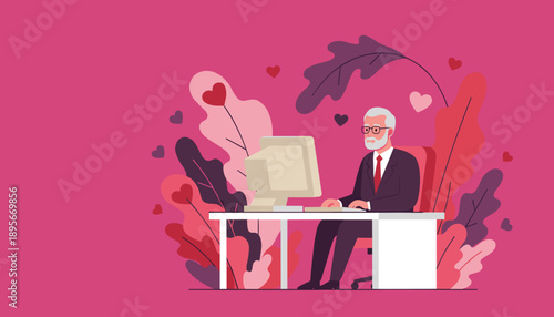Senior businessman uses computer surrounded by hearts and foliage on pink background Digital romance concept