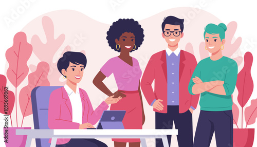 Diverse smiling business team collaborating in a modern office environment Teamwork and professional success