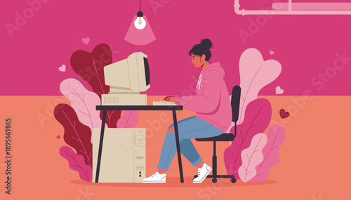 Young woman uses a vintage desktop computer in a stylized pink and coral home office Remote work