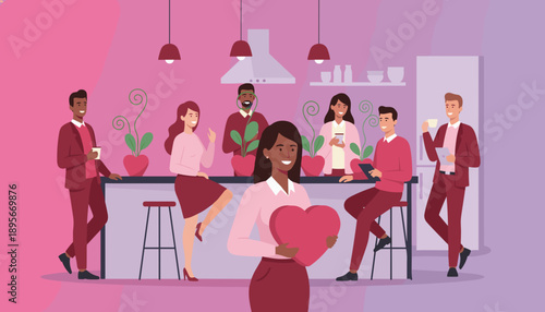 Colleagues enjoy a break in the pink office kitchen celebrating community and holding hearts