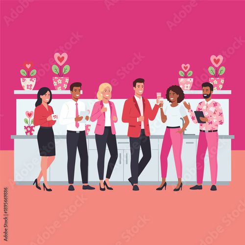 Diverse business team celebrating in an office breakroom decorated with pink Valentines themes and heart plants