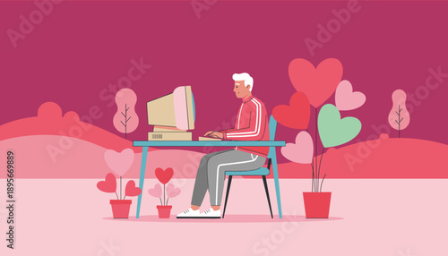 Senior man using a vintage computer for online dating or romance in a pink heartfilled setting