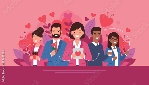 Diverse team smiling and sharing affection gifts hearts in a colorful love concept