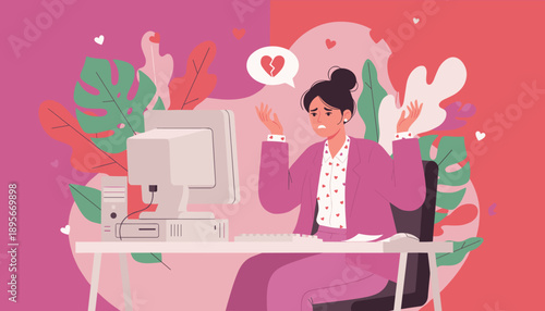 Stressed professional at a computer desk with a broken heart icon signifying online heartbreak or digital failure