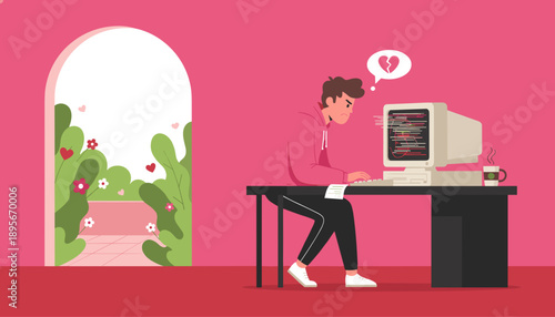 Frustrated man codes complex bug on retro computer ignoring love and nature outside the arch