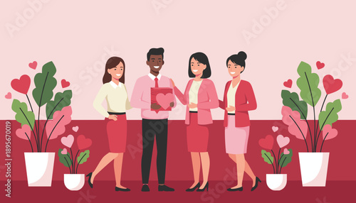 Diverse team exchanging heart gifts celebrating love and appreciation in a pink office setting illustration