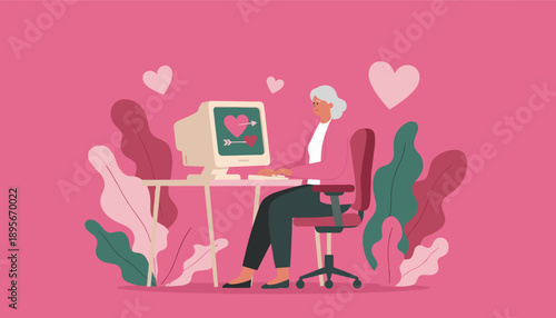 Older woman uses retro computer for online dating searching for love and virtual connection