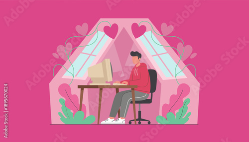 Cozy remote workspace with vintage computer Man working from home