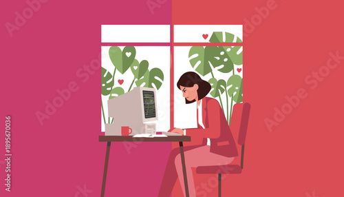 Angry woman working on a retro computer stressed by technology while love hearts bloom outside the window