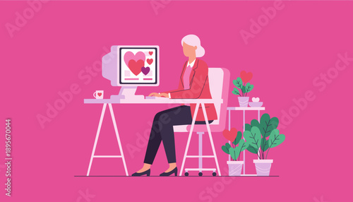 Senior woman uses computer for online dating finding love at home office